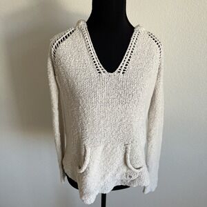 Billabong Crocheted Hoodie Sweater Size Small Cream Long Sleeve V Neck Boho